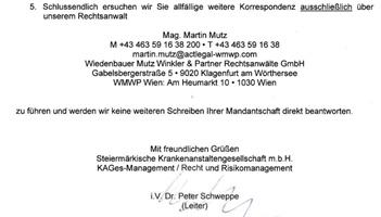 Kunstfehler Hirnblutung B. L. Stmk. Krankenanstalten GmbH (Kages) findet keinen steirischen Anwalt